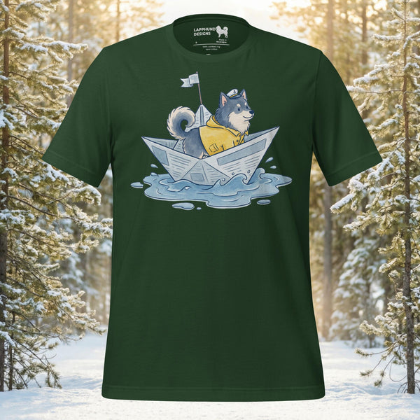 Finnish Lapphund paper boat adventure t-shirt with playful rainy day dog artwork