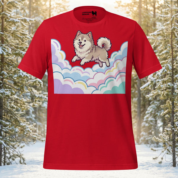 Finnish Lapphund illustrated joyfully jumping through soft pastel clouds in a dreamy fantasy-style design on a graphic t-shirt