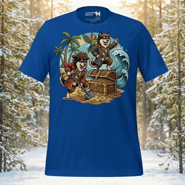 Finnish Lapphund illustrated as playful pirates on a treasure island with a chest, waves, and tropical adventure elements on a graphic t-shirt