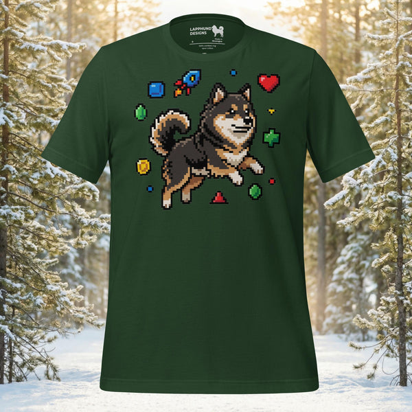 Finnish Lapphund illustrated in a pixel art style jumping with game-inspired icons like hearts and collectibles in an action scene on a graphic t-shirt