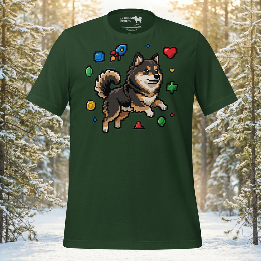Finnish Lapphund illustrated in a pixel art style jumping with game-inspired icons like hearts and collectibles in an action scene on a graphic t-shirt