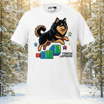 Finnish Lapphund illustrated in pixel art style jumping across platform blocks in a retro side-scroll game inspired design on a graphic t-shirt