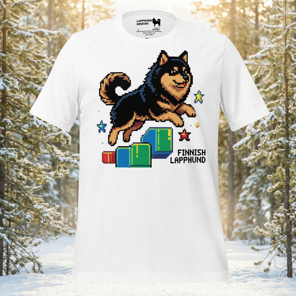 Finnish Lapphund illustrated in pixel art style jumping across platform blocks in a retro side-scroll game inspired design on a graphic t-shirt