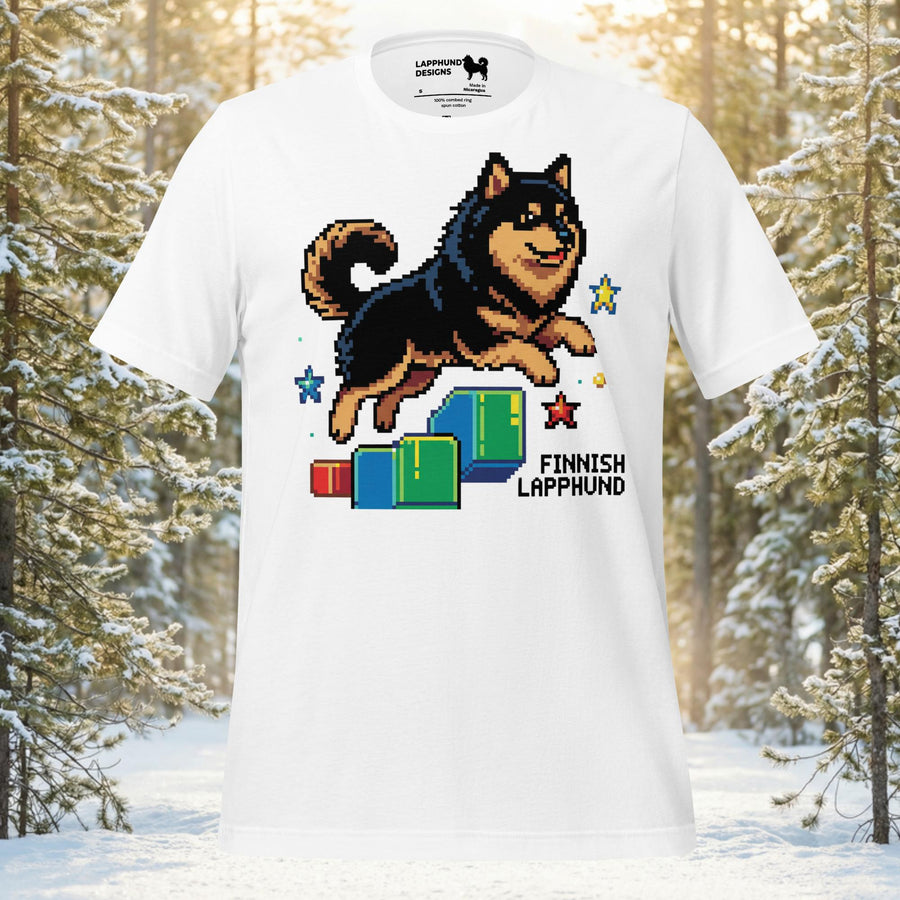 Finnish Lapphund illustrated in pixel art style jumping across platform blocks in a retro side-scroll game inspired design on a graphic t-shirt
