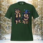 Pixel art Finnish Lapphund dogs dressed as a wizard and a knight embarking on a magic quest on a premium unisex t-shirt.