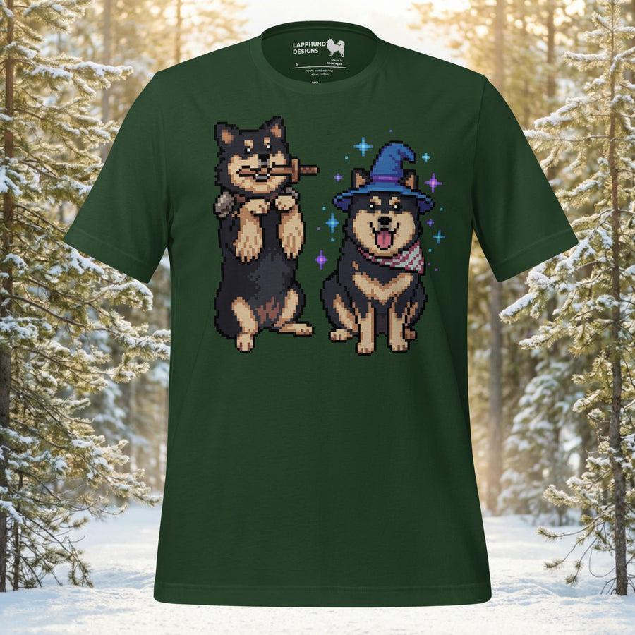Pixel art Finnish Lapphund dogs dressed as a wizard and a knight embarking on a magic quest on a premium unisex t-shirt.