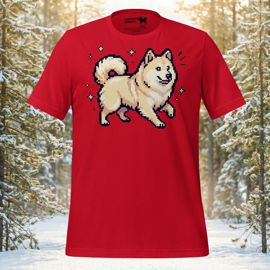 Finnish Lapphund illustrated in a pixel art style walking playfully with small sparkle details in a minimalist design on a graphic t-shirt