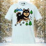 Finnish Lapphund pixel trail t-shirt with retro pixel dog and mountain forest artwork