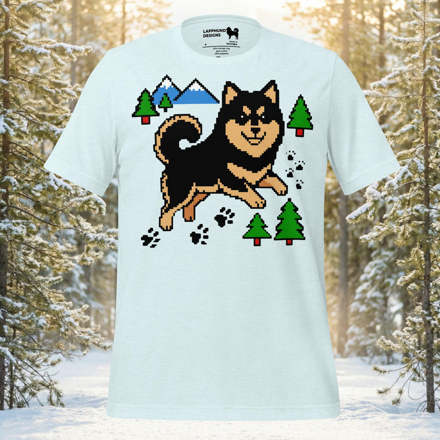 Finnish Lapphund pixel trail t-shirt with retro pixel dog and mountain forest artwork