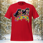 Finnish Lapphund pizza party t-shirt with two dogs sharing a giant slice of pizza artwork