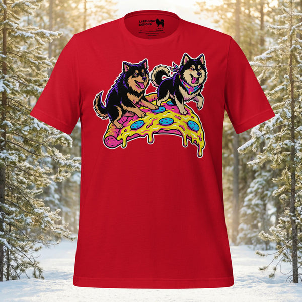 Finnish Lapphund pizza party t-shirt with two dogs sharing a giant slice of pizza artwork