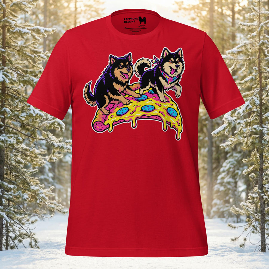 Finnish Lapphund pizza party t-shirt with two dogs sharing a giant slice of pizza artwork