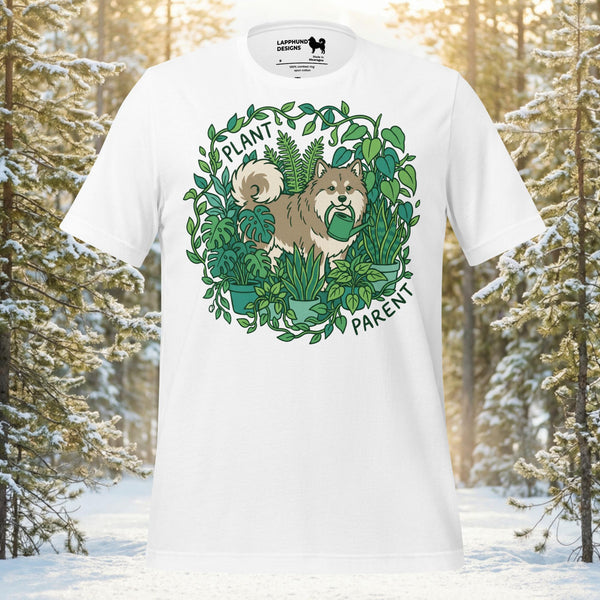 Finnish Lapphund illustrated among leafy plants with plant parent theme on a graphic t-shirt