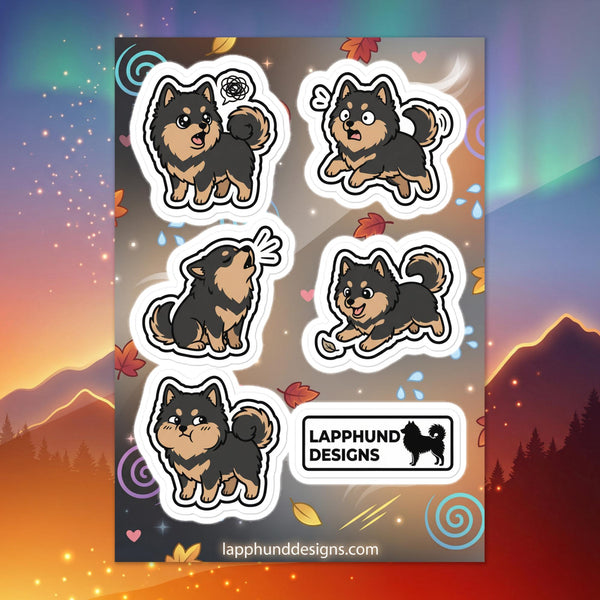 Finnish Lapphund playful puppy sticker sheet featuring energetic poses, movement, and happy puppy expressions
