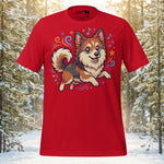 Whimsical Finnish Lapphund t-shirt design featuring a smiling dog surrounded by colorful musical notes and stars.