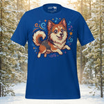 Whimsical Finnish Lapphund t-shirt design featuring a smiling dog surrounded by colorful musical notes and stars.