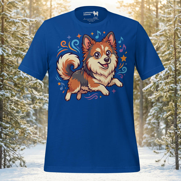 Whimsical Finnish Lapphund t-shirt design featuring a smiling dog surrounded by colorful musical notes and stars.