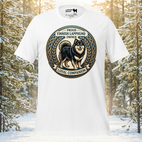Finnish Lapphund dog featured inside a circular heritage crest with Nordic knotwork on a premium cotton t-shirt for proud owners.
