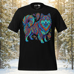 Finnish Lapphund illustrated with flowing psychedelic swirl patterns and expressive linework in a vibrant artistic design on a graphic t-shirt