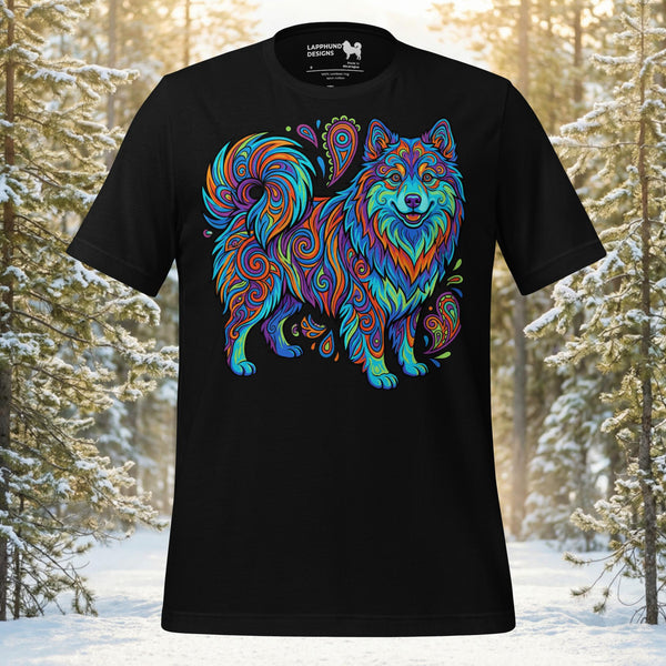 Finnish Lapphund illustrated with flowing psychedelic swirl patterns and expressive linework in a vibrant artistic design on a graphic t-shirt