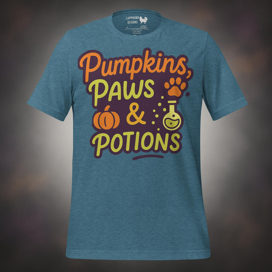 Pumpkins Paws and Potions Finnish Lapphund Halloween t-shirt in blue