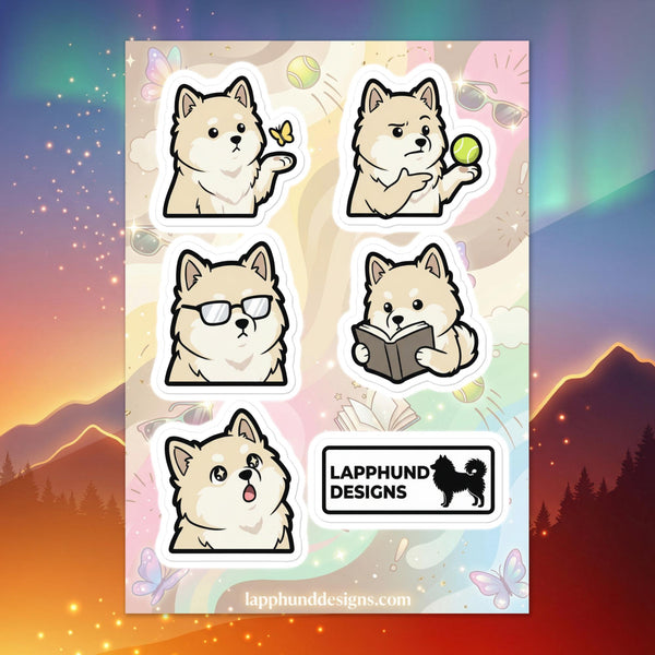 Finnish Lapphund puppy expressions sticker sheet featuring curious, thoughtful, and sweet puppy designs
