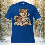 Finnish Lapphund puppy sitting on a cozy blanket holding a coffee mug with Rise & Woof text in a premium illustrative style.