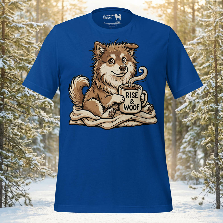 Finnish Lapphund puppy sitting on a cozy blanket holding a coffee mug with Rise & Woof text in a premium illustrative style.