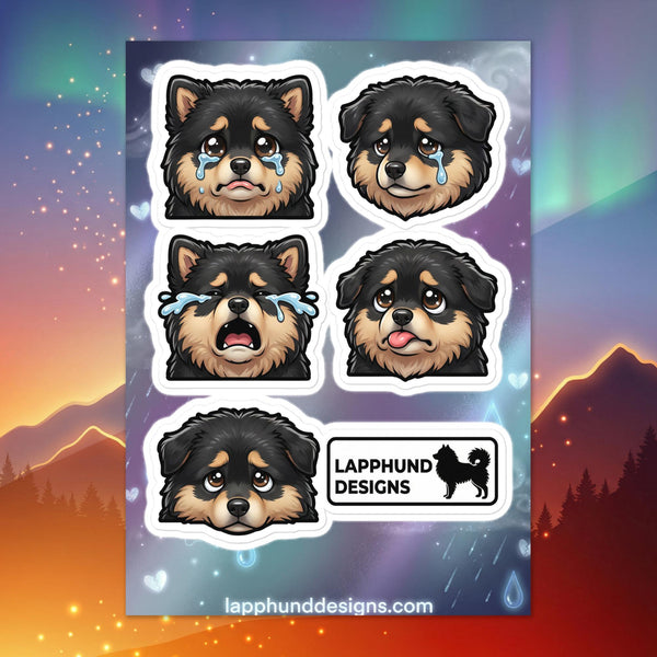 Finnish Lapphund sad expressions sticker sheet featuring teary eyes, emotional faces, and comfort-seeking moments