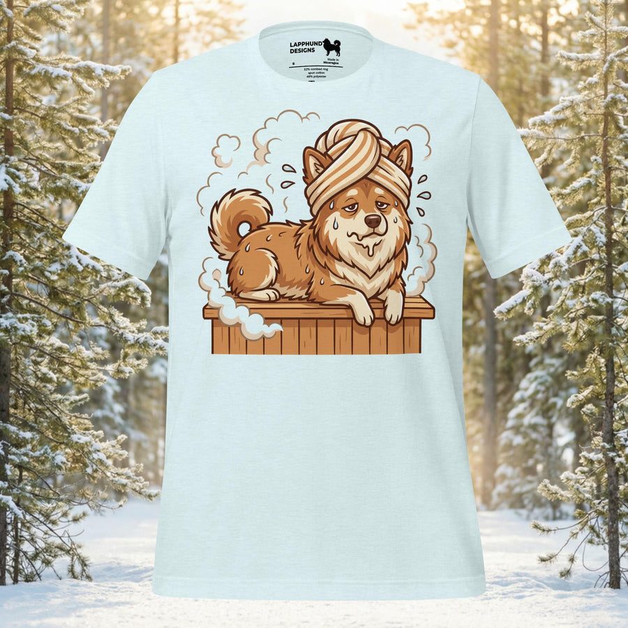 Finnish Lapphund sauna day t-shirt with cute Lapphund relaxing in a wooden sauna