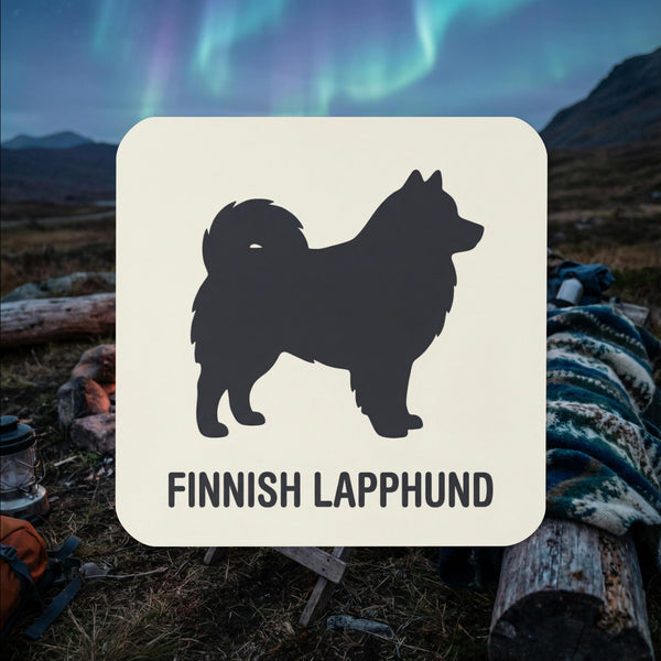 Finnish Lapphund silhouette cork-back coaster with minimalist Nordic dog design