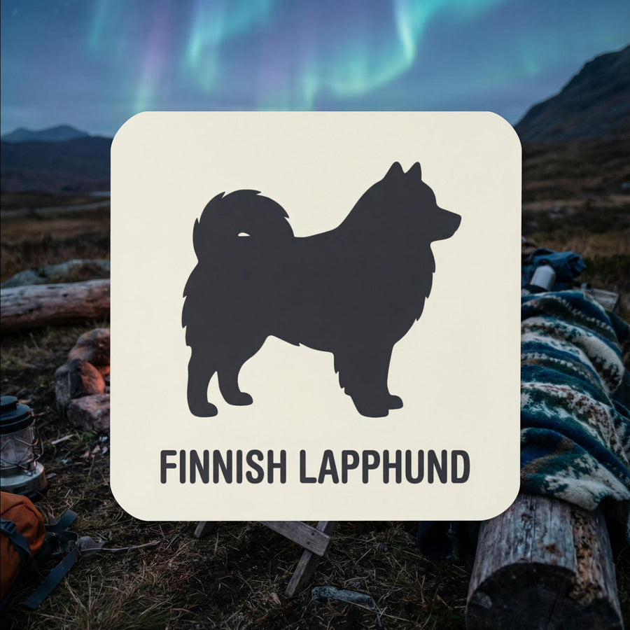 Finnish Lapphund silhouette cork-back coaster with minimalist Nordic dog design
