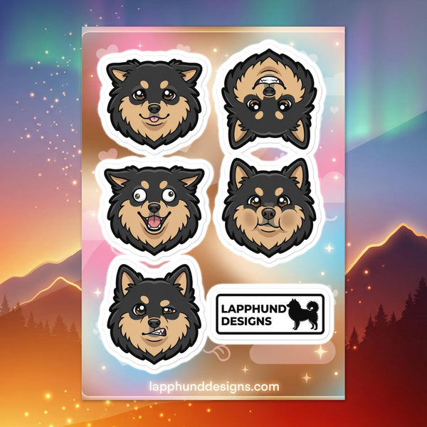 Finnish Lapphund silly faces sticker sheet featuring goofy smiles and playful upside-down expressions