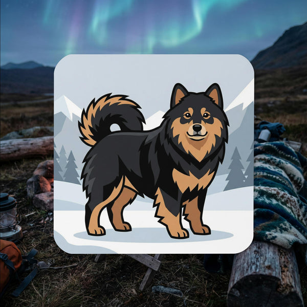Finnish Lapphund illustrated cork-back coaster with snowy mountain landscape and Nordic winter scenery