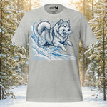 Finnish Lapphund dog running through deep snow with a mountain peak background on a premium unisex adventure t-shirt.