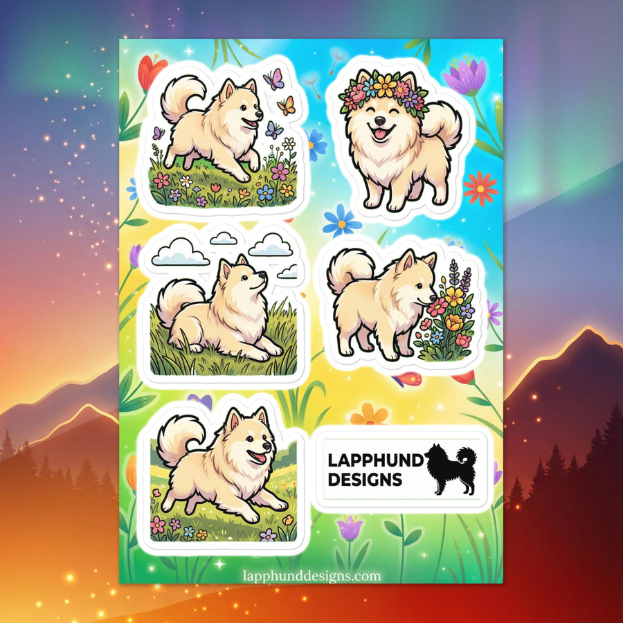 Finnish Lapphund spring meadows sticker sheet featuring flowers, sunshine, and playful outdoor designs