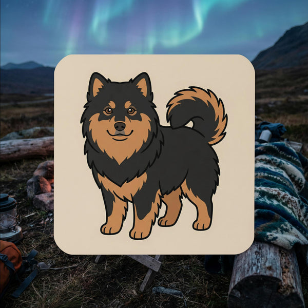 Finnish Lapphund illustrated cork-back coaster with standing Nordic dog design
