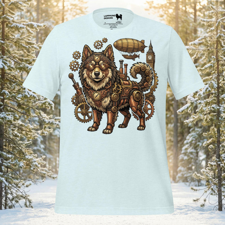 Finnish Lapphund with mechanical gears and goggles in a steampunk aesthetic featuring airships and clockwork elements on a premium unisex t-shirt.