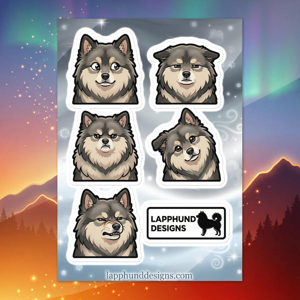 Finnish Lapphund subtle expressions sticker sheet featuring soft reactions and everyday real-life moods