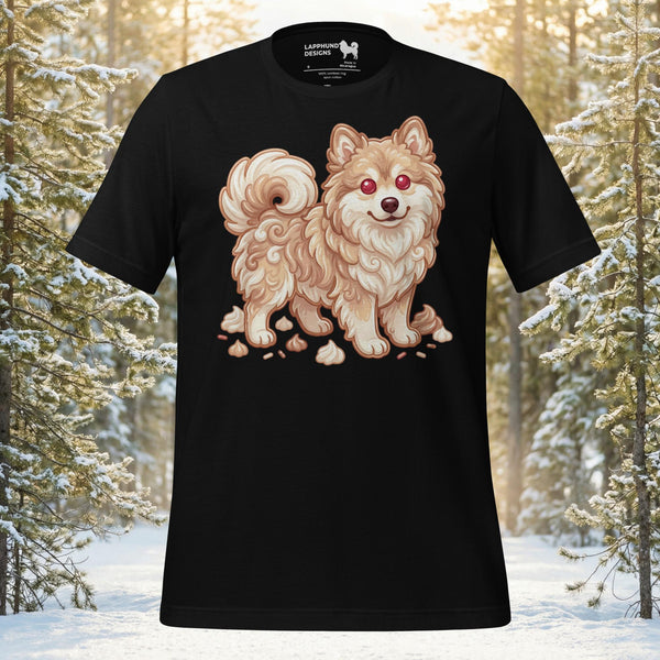 Finnish Lapphund t-shirt featuring a fluffy dog illustration with swirling meringue patterns and an alert expression for dog lovers.