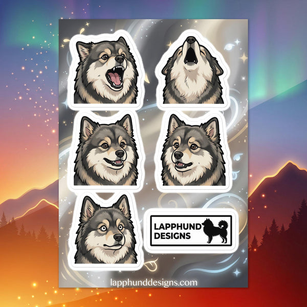 Finnish Lapphund talking faces sticker sheet featuring howling, smiling, and vocal expressions