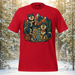 Finnish Lapphund trail explorers t-shirt with two Lappies hiking in the mountains
