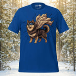 Finnish Lapphund Trailborne t-shirt featuring a dog moving through dust and dirt with a flowing trail-worn cape