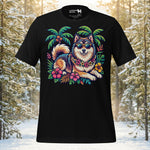 Finnish Lapphund tropical escape t-shirt with island palm tree dog artwork