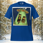 Finnish Lapphund UFO encounter t-shirt with playful alien abduction dog artwork