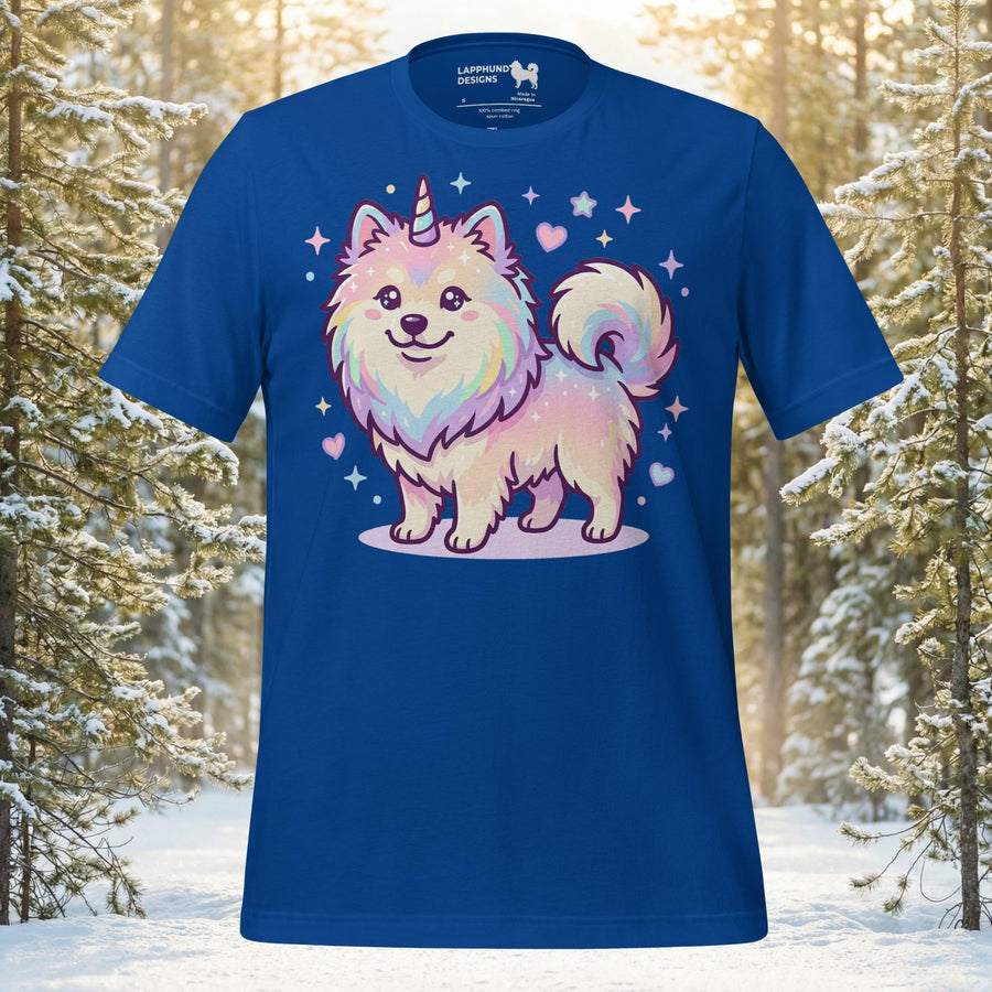 Whimsical Finnish Lapphund reimagined as a unicorn with a horn and stars on a premium unisex t-shirt for fantasy lovers.