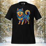Finnish Lapphund illustrated in a vibrant geometric style with bold shapes and modern color layering on a graphic t-shirt