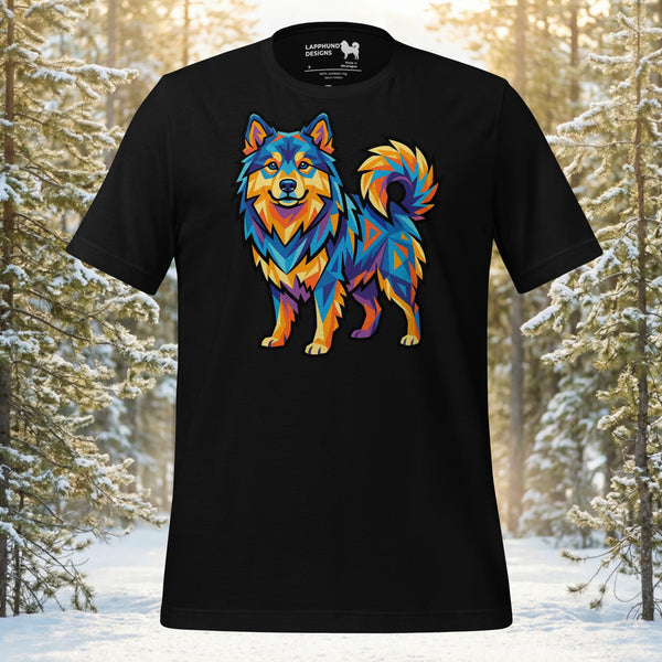 Finnish Lapphund illustrated in a vibrant geometric style with bold shapes and modern color layering on a graphic t-shirt