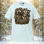 Finnish Lapphund standing on a runestone with Viking shields and axes in a detailed Nordic illustration on a black t-shirt.