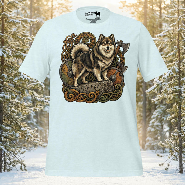 Finnish Lapphund standing on a runestone with Viking shields and axes in a detailed Nordic illustration on a black t-shirt.